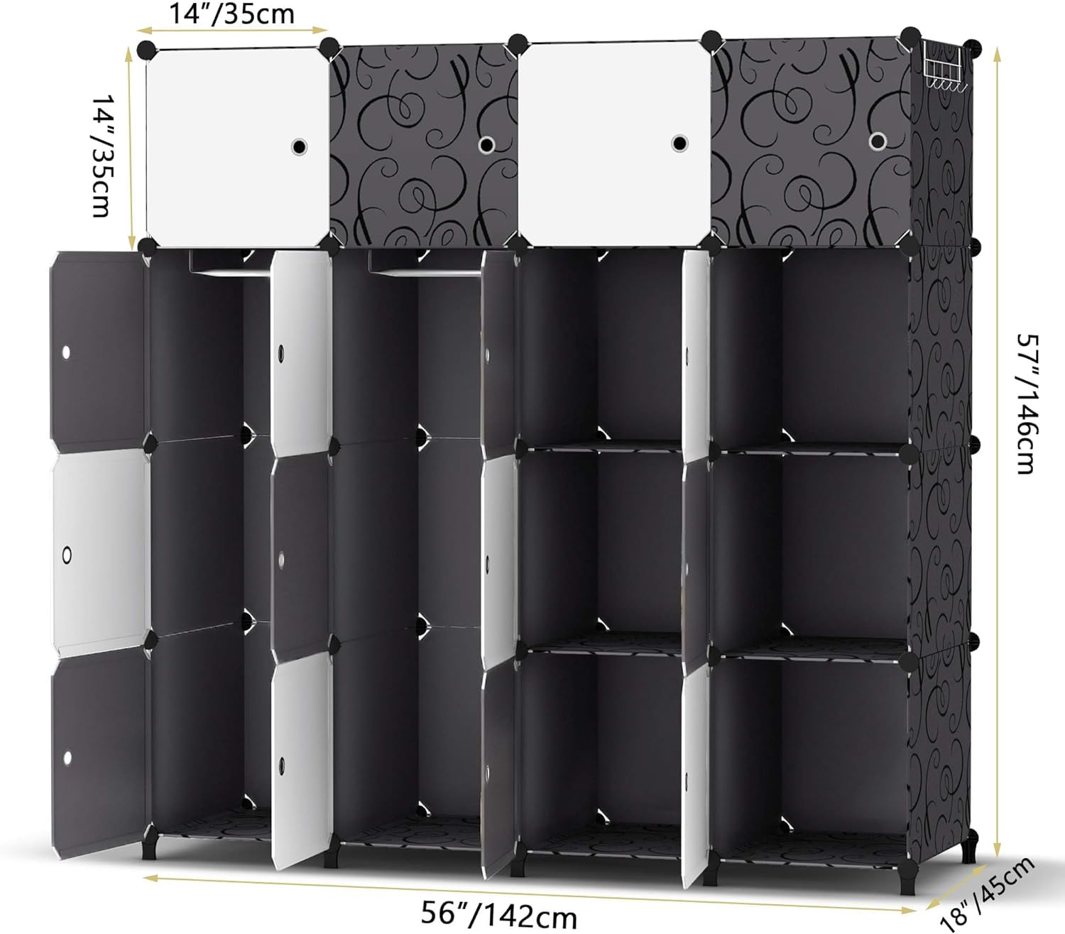 HOMIDEC Kleiderschrank, Tragbarer Regalsystem Schrank Schlafzimmer, 16 Würfel Schrank aus Kunststoff mit 3 Kleiderstange, Schlaf zimmerschrank (schwarz und weiß)