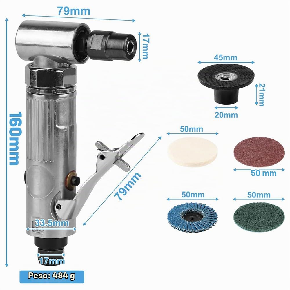 Amoladora Neumática,Amoladora de Ángulo de Aire Comprimido,Molinillo de Ángulo de Aire,40pcs 90 Grados, 22002 rpm con 1/4 NPT Piedras de Amolar y Discos de Lijado para Esmerilado, Pulido