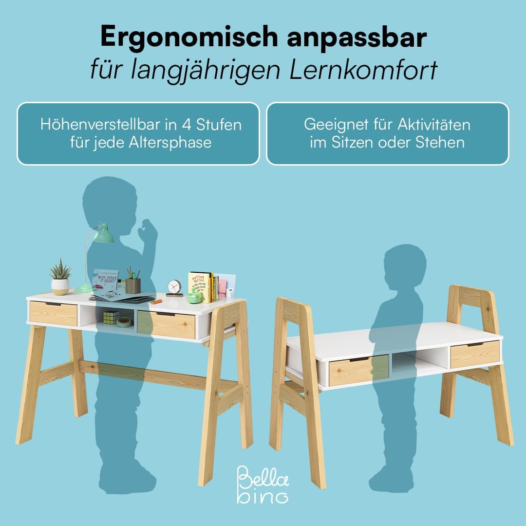 Bellabino Campo Kinderschreibtisch höhenverstellbar 56-75 cm – Schreibtisch Kinder ab 6 Jahren mit 2 Schubladen – Schülerschreibtisch mit viel Stauraum aus Massivholz Kiefer in Weiß