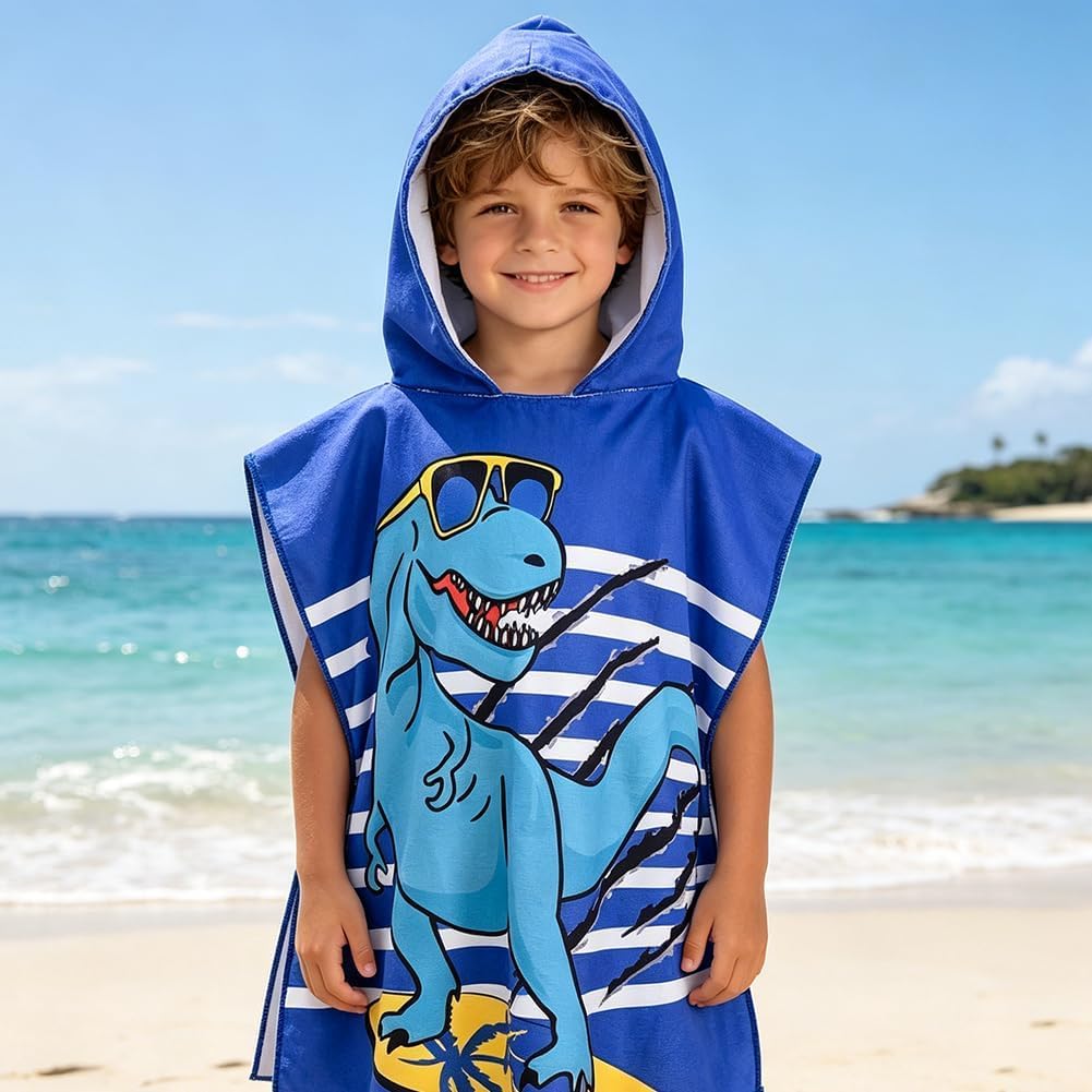 LKNBIF Hooded Towels for Kids, Dinosaur Kids Hooded Poncho Towel, Quick Dry Soft Microfibre Beach Poncho Large, Bath Towel Poncho for Swim Pool Holiday, 70 * 150CM — image 1