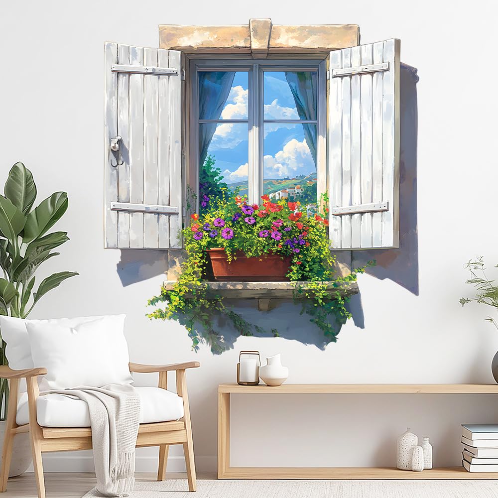 3D ウォールステッカー 窓 花 風景 偽窓 防水 はがせる 壁装飾シール リビング 書斎 賃貸 DIY 壁紙 寝室 浴室 店舗 自然癒やし 窓風景 壁飾り 壁紙シール 54.6cm×58.3cm