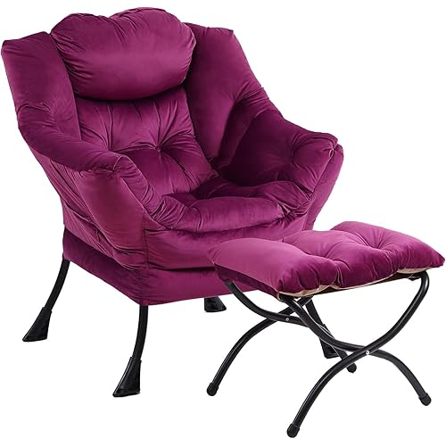 Lazy Chair with Ottoman, Modern Accent Chairs with Folding Footrest, Velvet Dark Purple Sofa Chair Set, Reading Chairs, Oversized Armchairs for Bedroom, Study, Living Room, Courtyard