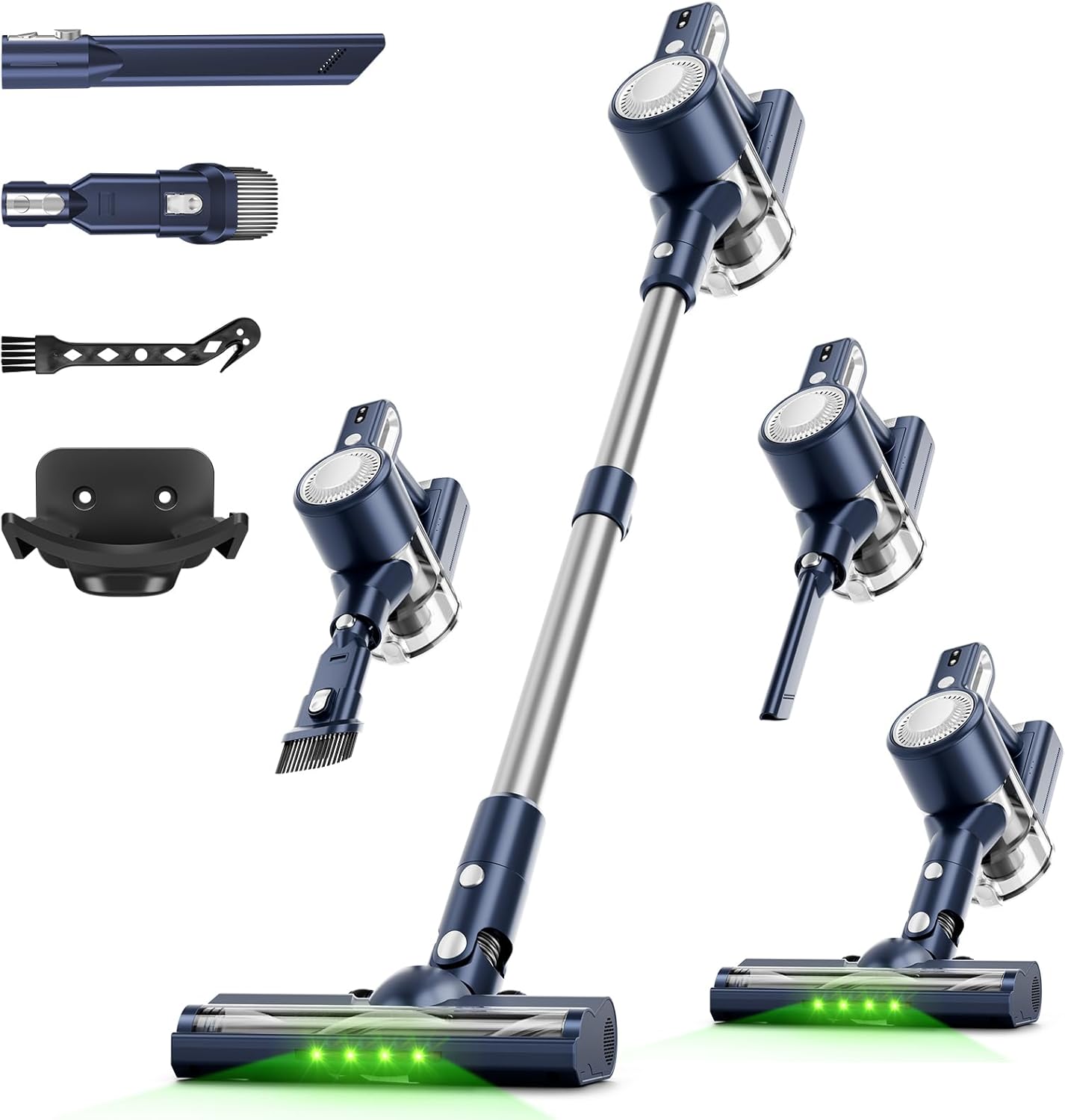Cordless Vacuum Cleaner for Home: 6-in-1 Stick Vacuum with Powerful Suction, Rechargeable, Anti-Tangle Pet Hair Brush, Green LED Headlight Vacuum for Carpet & Hardwood Floors-Dark Blue