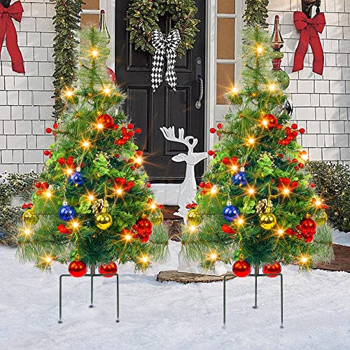 FUNPENY Set of 2 30 Inch Pathway Christmas Tree Decorations outdoor, Battery Operated Pre-Lit Small Christmas Tree with 50 LED Lights for Home Yard Porch Garden Party Decor Clearance