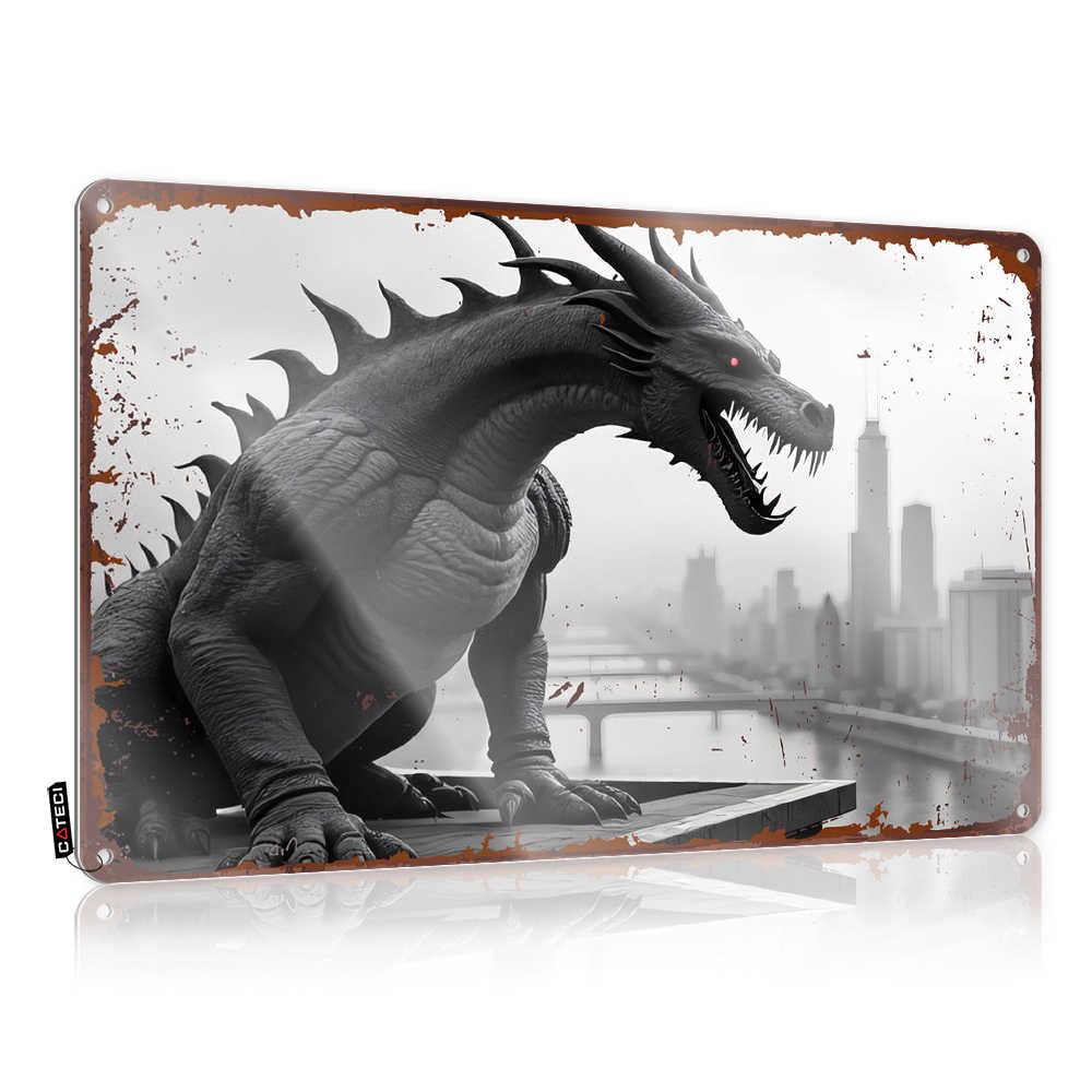 Fzfn Boys Colour Funny Wall Art Rustic Collection | Monstrous Dragon Overlooking Urban Cityscape Sweet Metal Wall Decor For Lake Home(30X40cm)