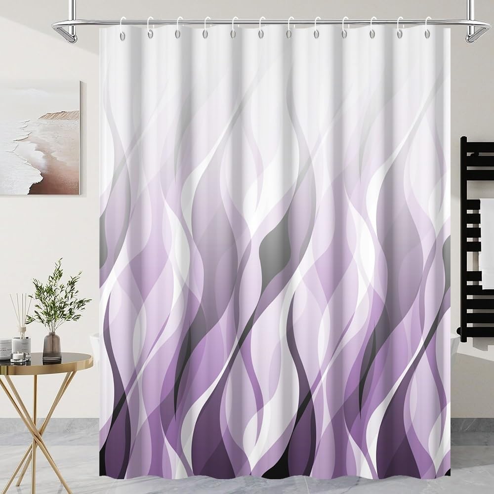UIYIUI Abstract Ombre Geometric Striped Shower Curtain 39x75in/100x190/WxH Wave Lines Gradient Purple Bath Curtains, Modern Minimalist Art Aesthetic Bathtub Decor, Polyester Fabric with Hooks