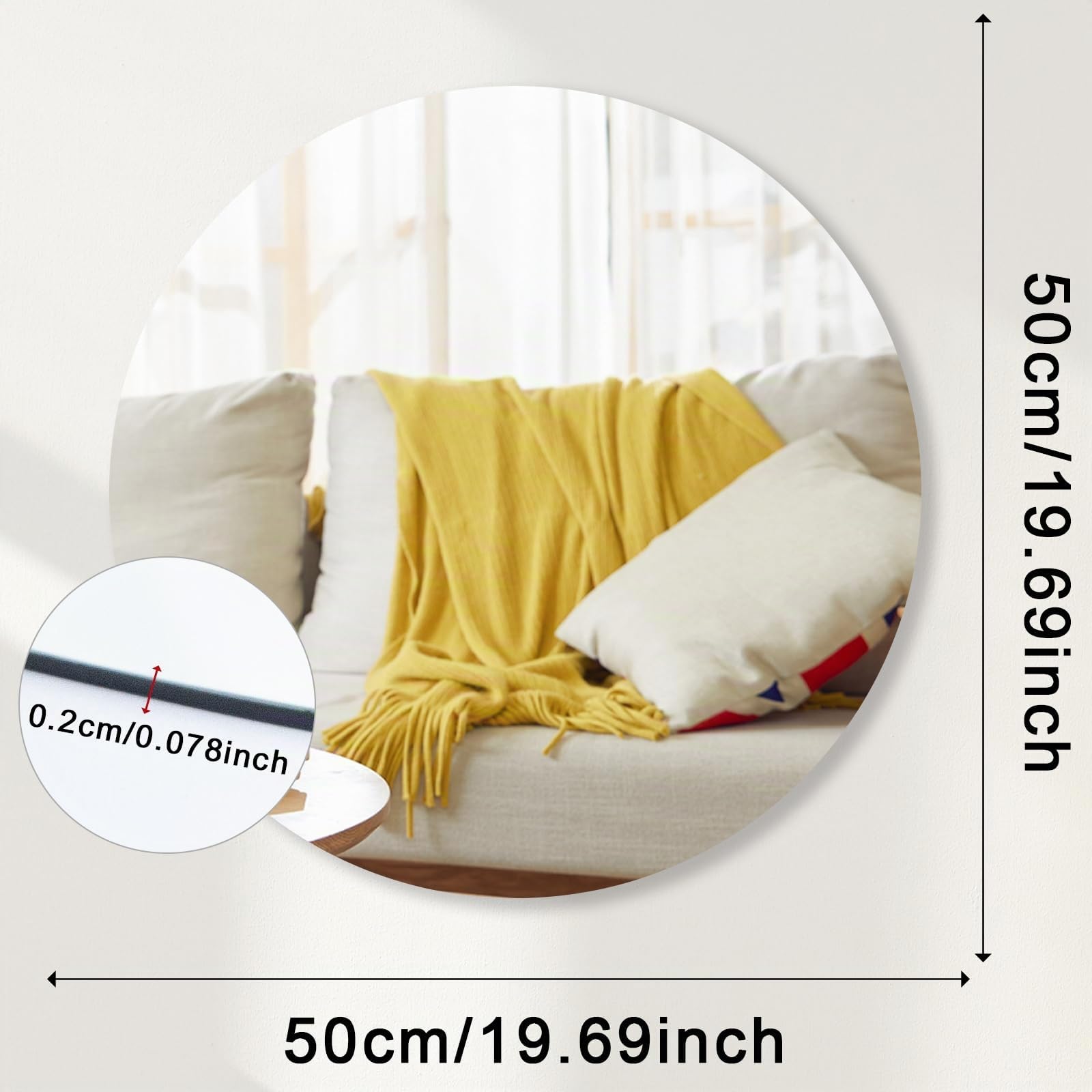 TSKDKIT - Grande specchio da parete rotondo adesivo HD - 50 cm - Specchio da parete decorativo senza cornice - Per toilette degli ospiti, bagno, guardaroba, soggiorno, ecc