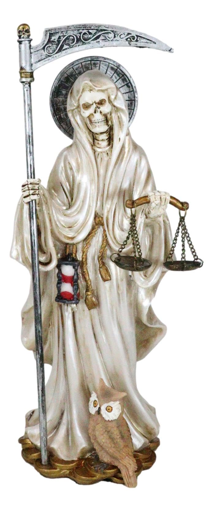 Ebros Gift Standing Santa Muerte Holding Scythe and Scales of Justice with Wise Owl Figurine 10.25" H Holy Death Bone Mother Patron of Wisdom Wealth