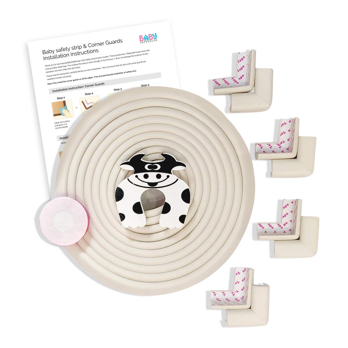 BabySafeHouseEdge Guard and Corner Protector – Extra Long 19ft (16.5ft Edge + 8 Pre-Taped Corner Guards) and Cow Shape Door Stopper (White Color) for Baby Proofing & Child Safety (BSH-COMBO-5M-WHITE)