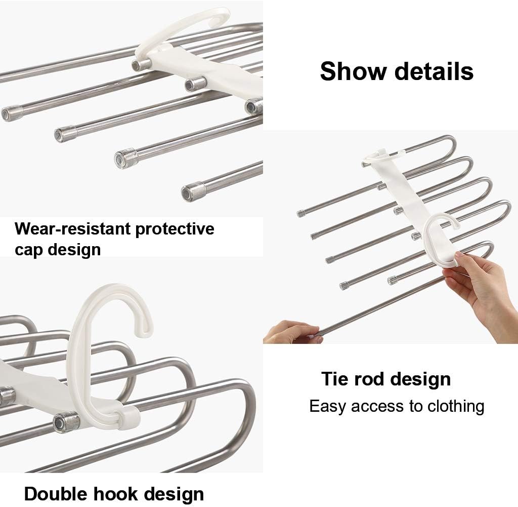 Magic Pants Hangers Space Saving, Pants Hangers,5 Layers Stainless Steel Space Saving Magic Adjustable Dual Hooks Clothes Storage Organizer (Color : White) (Gray)