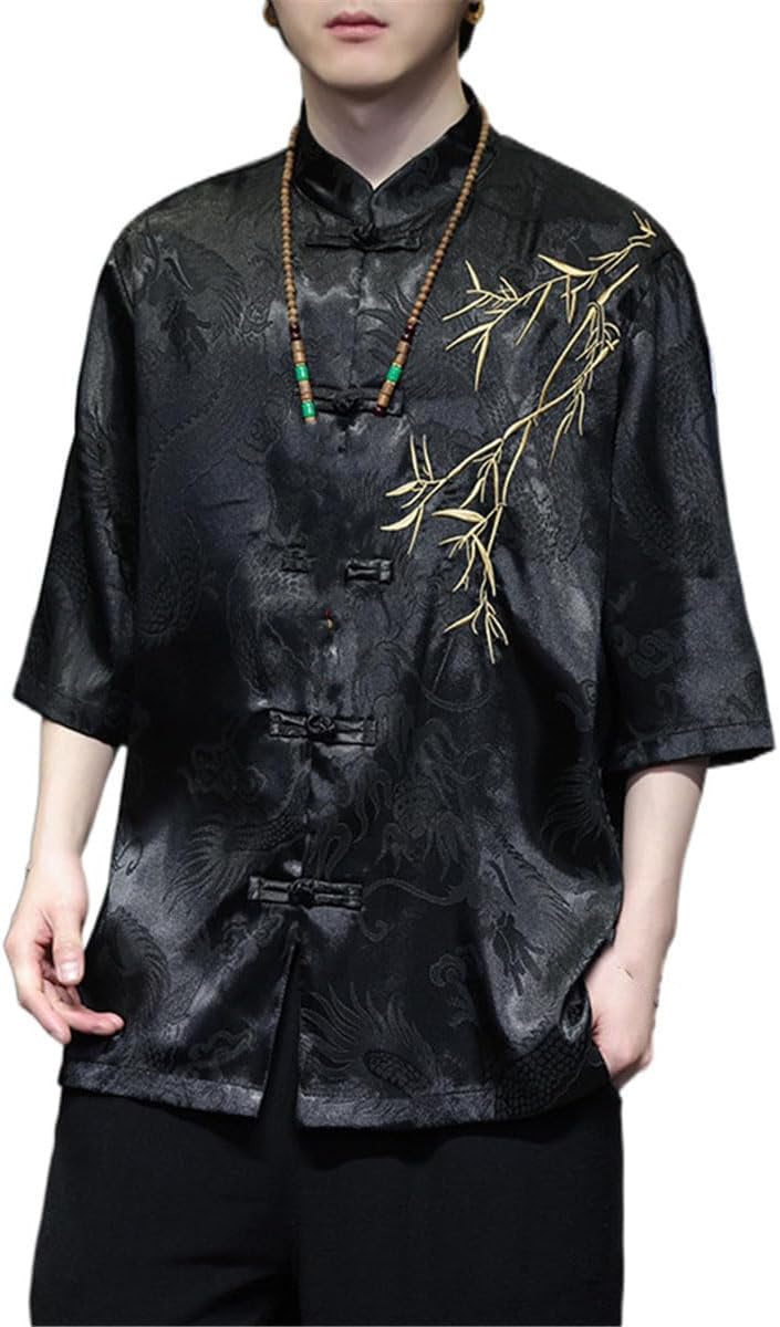 Men's Shirt Summer Embroidered Iced Silk Chinese Style Tops
