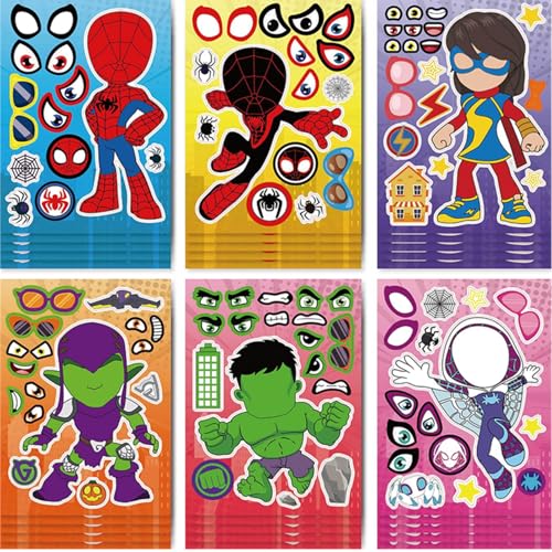 12 Sheets Superhero Stickers DIY Kids Stickers, Make Your Own Party Favor Bag Stickers, Birthday Party Supplies Favors Face Sticker Crafts, Spider Party Favors Favor Bag Fillers