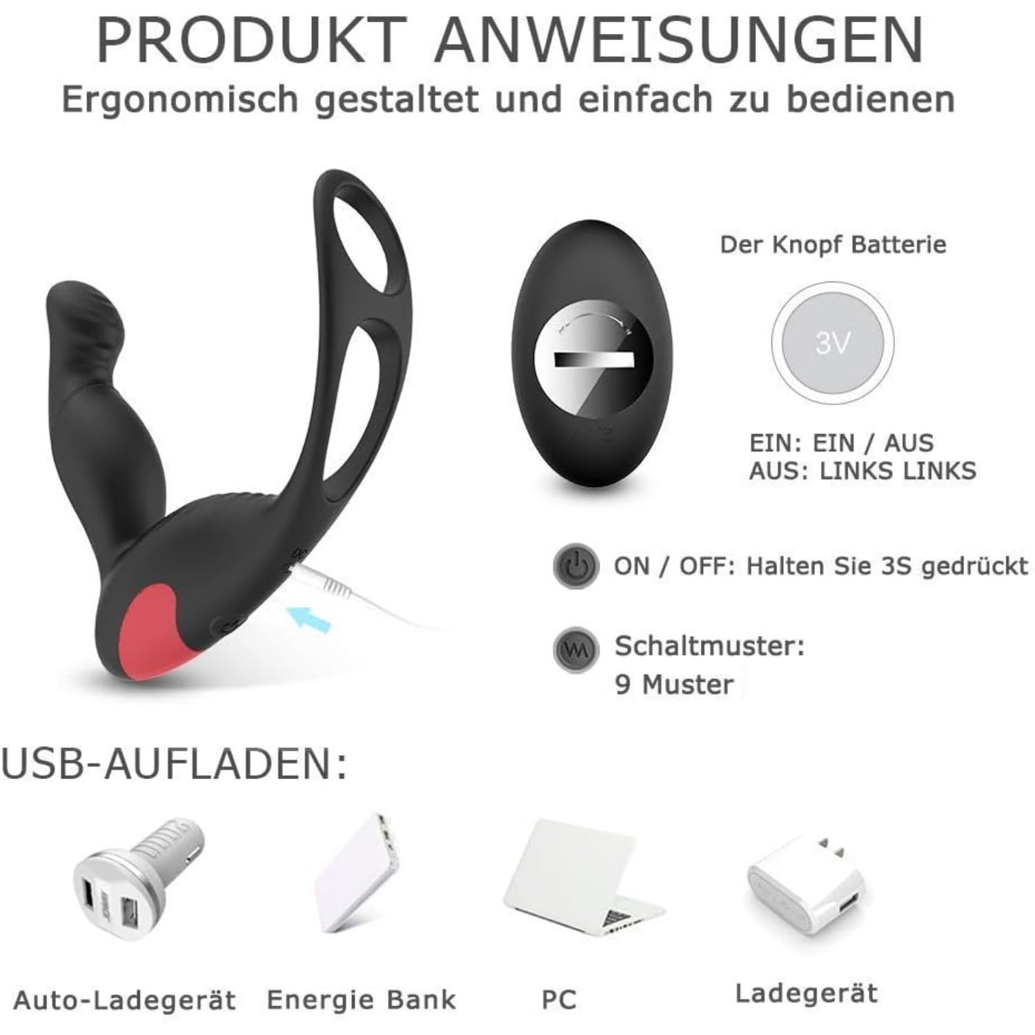 Estimulador prostático con anillo, con mando a distancia, de silicona, recargable e impermeable, para el punto G (9 niveles de intensidad)