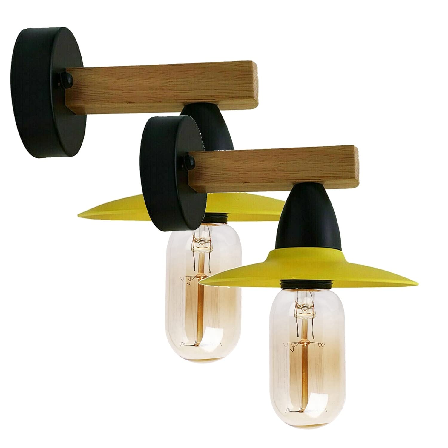 2 Pack Vintage Retro LED Wall Light Sconce with Wood Arm, Interior Downlight Wall Mounting FixtureSmall Metal 15cm Lamp Shade with E27 Lamp Holder, Indoor Bedroom, Corridor, Bedside, Barn