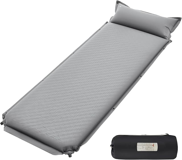 Amazon Brand - Eono Self-Inflating 8 cm Thick Sleeping Mat with Pillow for Camping and Backpacking. Grey