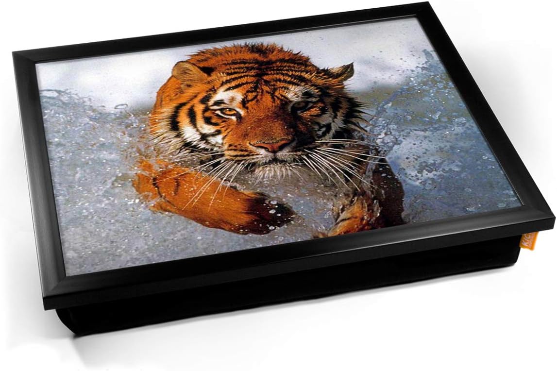 KICO Tiger in Water Siberian Animal Cushioned Bean Bag Breakfast Bed Lap Tray Desk - Black Frame