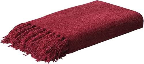 Yoenillo Burgundy Red Chenille Throw Blanket for Couch Bed,Soft Cozy