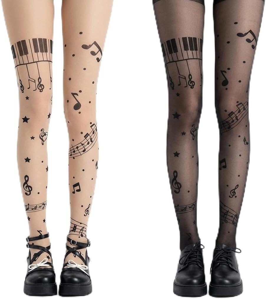2PCS Piano Tights, Whimsical Clothes, Music Note Tights Suitable for Concerts Clubs and Retro Parties （Skin Tone and Black）