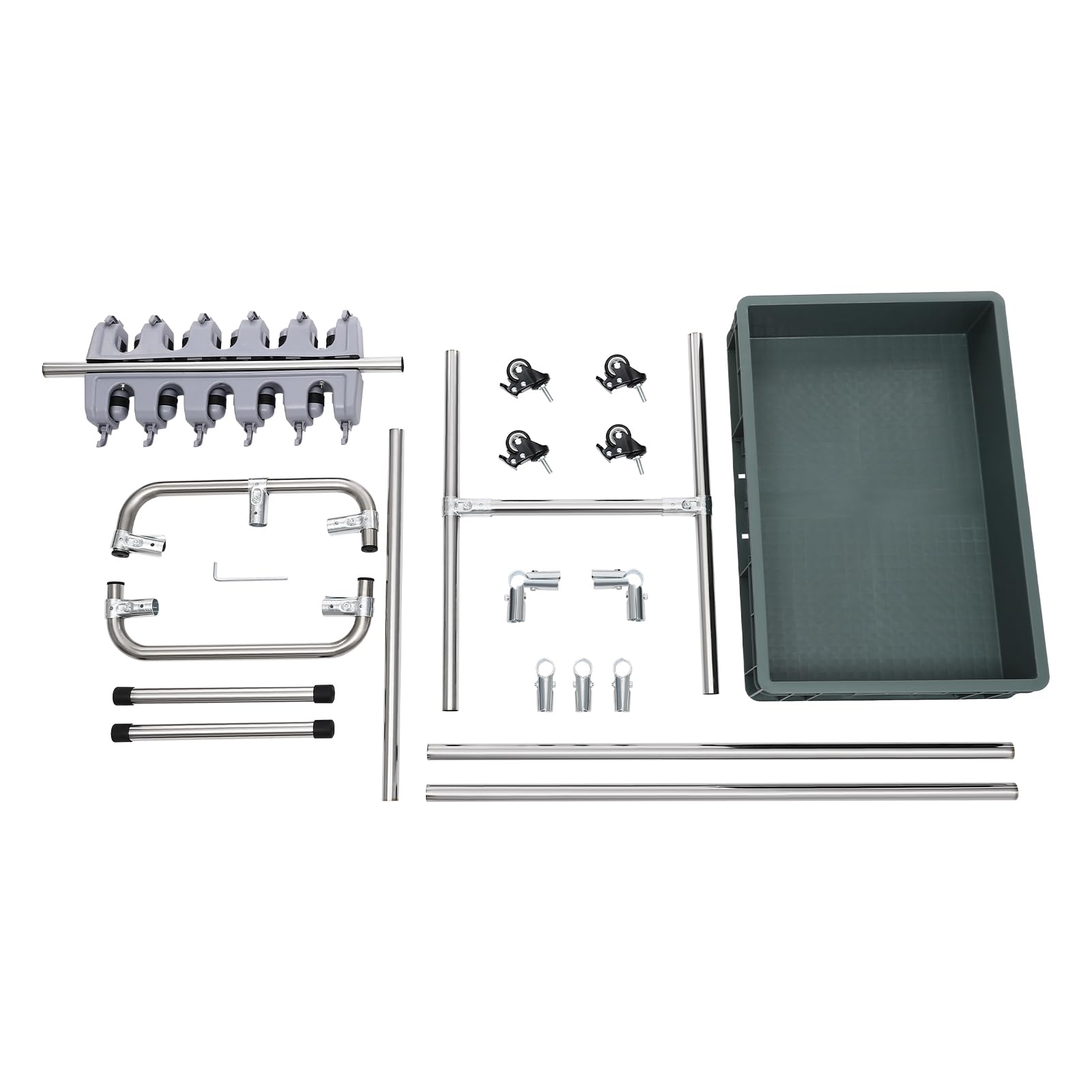 Soporte para escobas y aparatos, soporte para herramientas de jardín, soporte para fregona, con ruedas, 12 ganchos, 10 ranuras, acero inoxidable, 66 x 42 x 110 cm