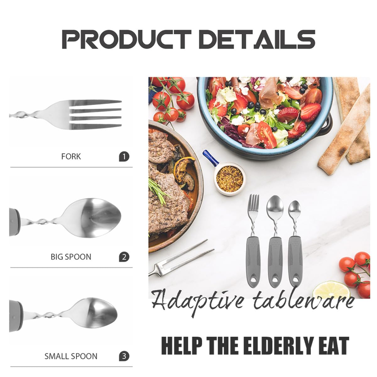 Homoyoyo Juego de Cubiertos Adaptativos Antideslizantes de Acero Inoxidable Mango de Goma Flexible 6 Piezas Plegables en Negro y Gris Utensilios Portátiles para Adultos Mayores y