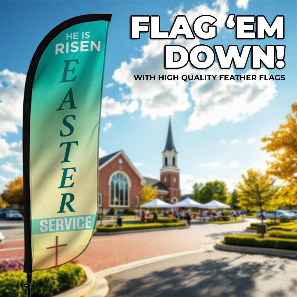 LookOurWay Feather Flag Pole Kit - 7 Feet Tall Advertising Banner with Fiberglass Pole Set and Ground Spike for Business Promotion - Church Flags - Easter Service