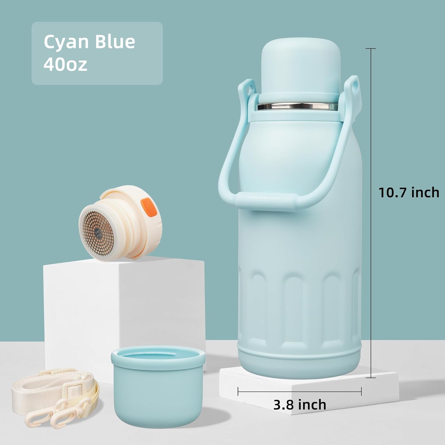 Insulated Water Bottle with Handle and Strap,Vacuum Travel Tumbler with Cup Lid,Thermo Coffee Cup for Hot Cold Drinks 40 OZ,Cyan Blue - Image 2