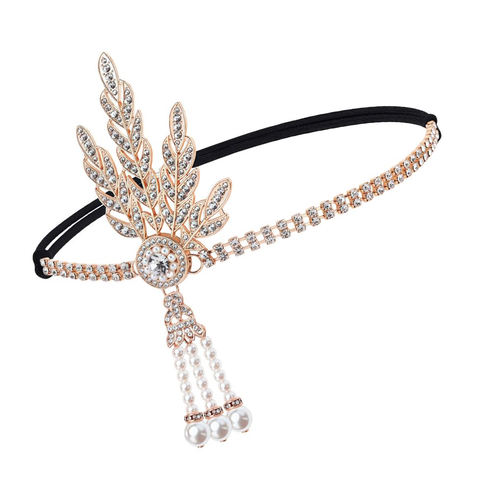 1920s Headband Flapper Headpiece Great Gatsby Accessories Women Gatsby Headband Gold Leaves Headpiece Girls Vintage Themed Party Costume Roaring Fascinator Flapper Girl Hat Pearl Tassel
