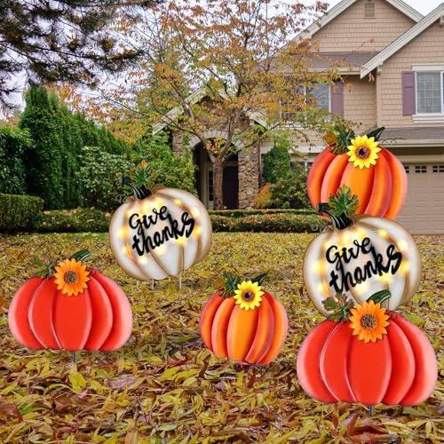 Fovths 39 Inches 3 Pieces Thanksgiving Metal Outdoor Fall Decorations, Giant LED Pumpkin Garden Lawn Patio Yard Signs, Metal Fall Waterproof Yard Sign for Home Thanksgiving Harvest Driveway Decor