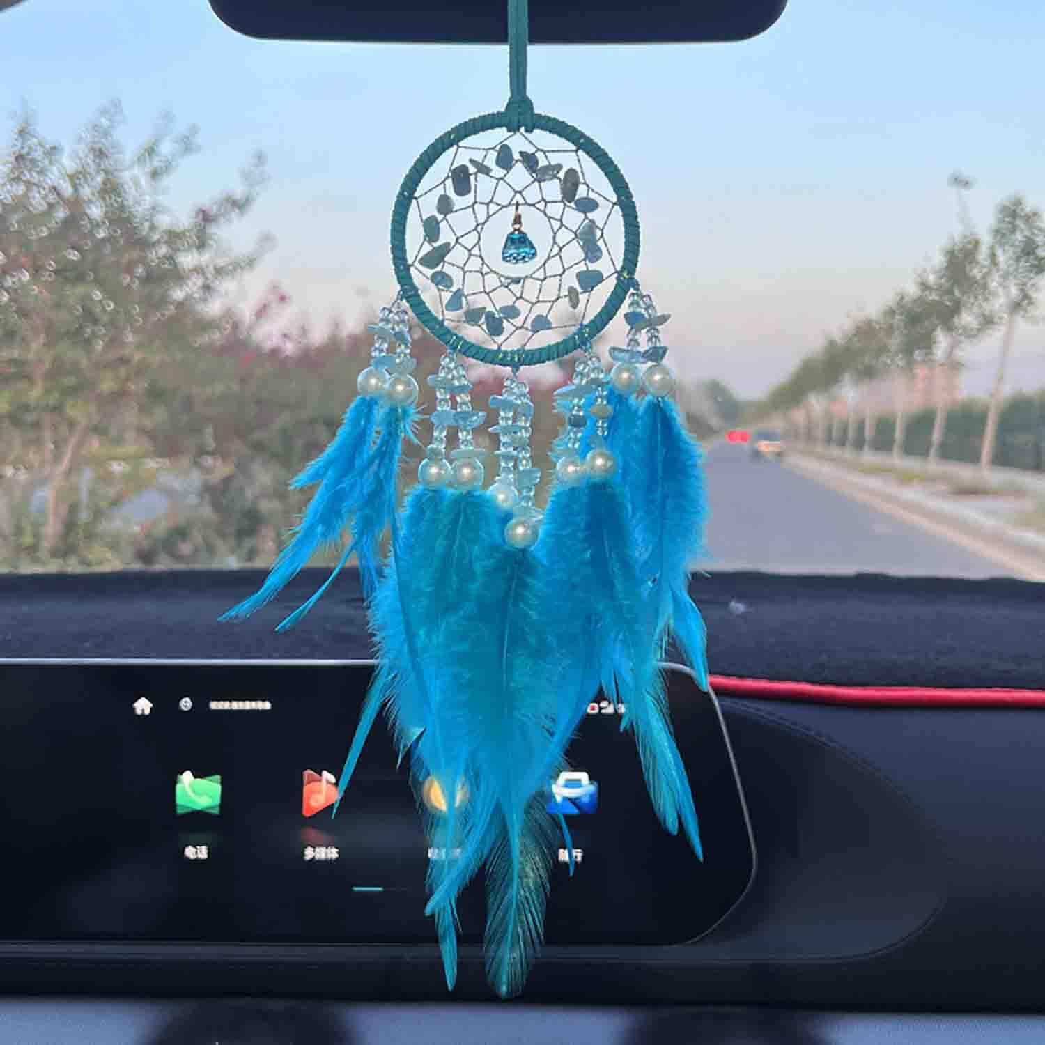 Dream Catcher for Car Rearview Mirror, Hanging Charm Ornament Pendant, Lucky Interior Accessory (Blue)