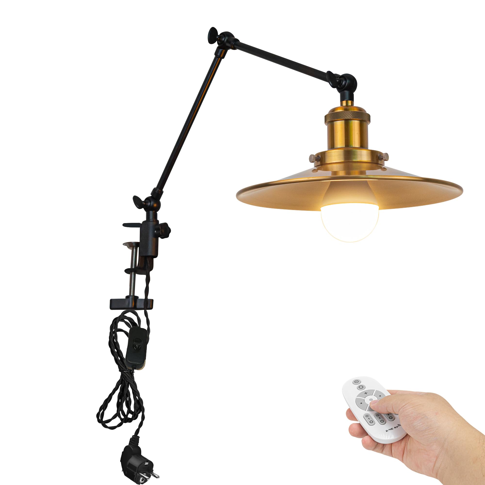 Industrial Klemmleuchte mit Fernbedienung, Einstellbar Clip auf Schreibtisch Leselampe,Dimmbar Clamp Nachttischlampe mit Flexarm für Schreibtisch Nachttisch Regal Gold- TD/2773
