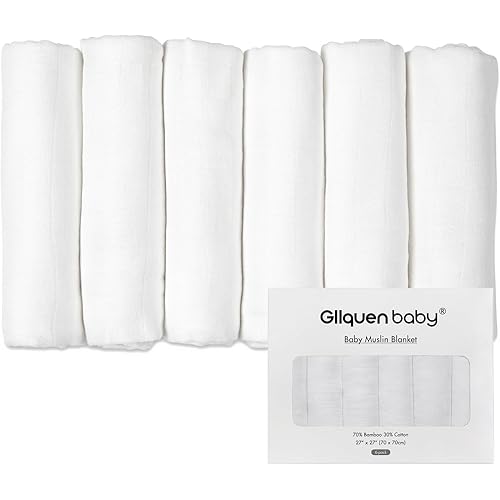 GLLQUEN BABY Receiving Blanket Boy Cotton Muslin Swaddle Blankets Girl Newborn Squares Breathable & Soft Thin Baby Blankets Cloths Double Absorbent Infant Swaddling Wrap - 6 Pack (White)