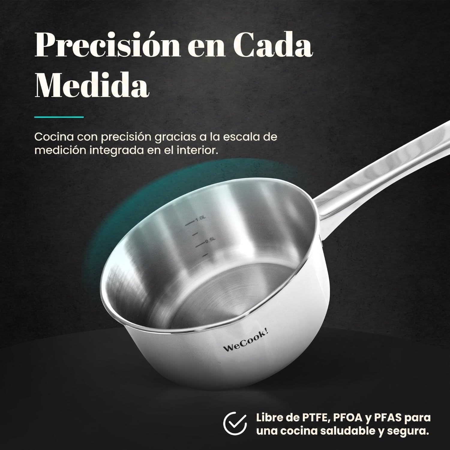 WECOOK Cazo Acero Inox 18/10, Ø 18 cm, 2,1 L, Inducción, Base Tricapa | Fondo termodifusor de 4,3 mm, pico vertedor, escala medidora, horno hasta 200 °C, lavavajillas