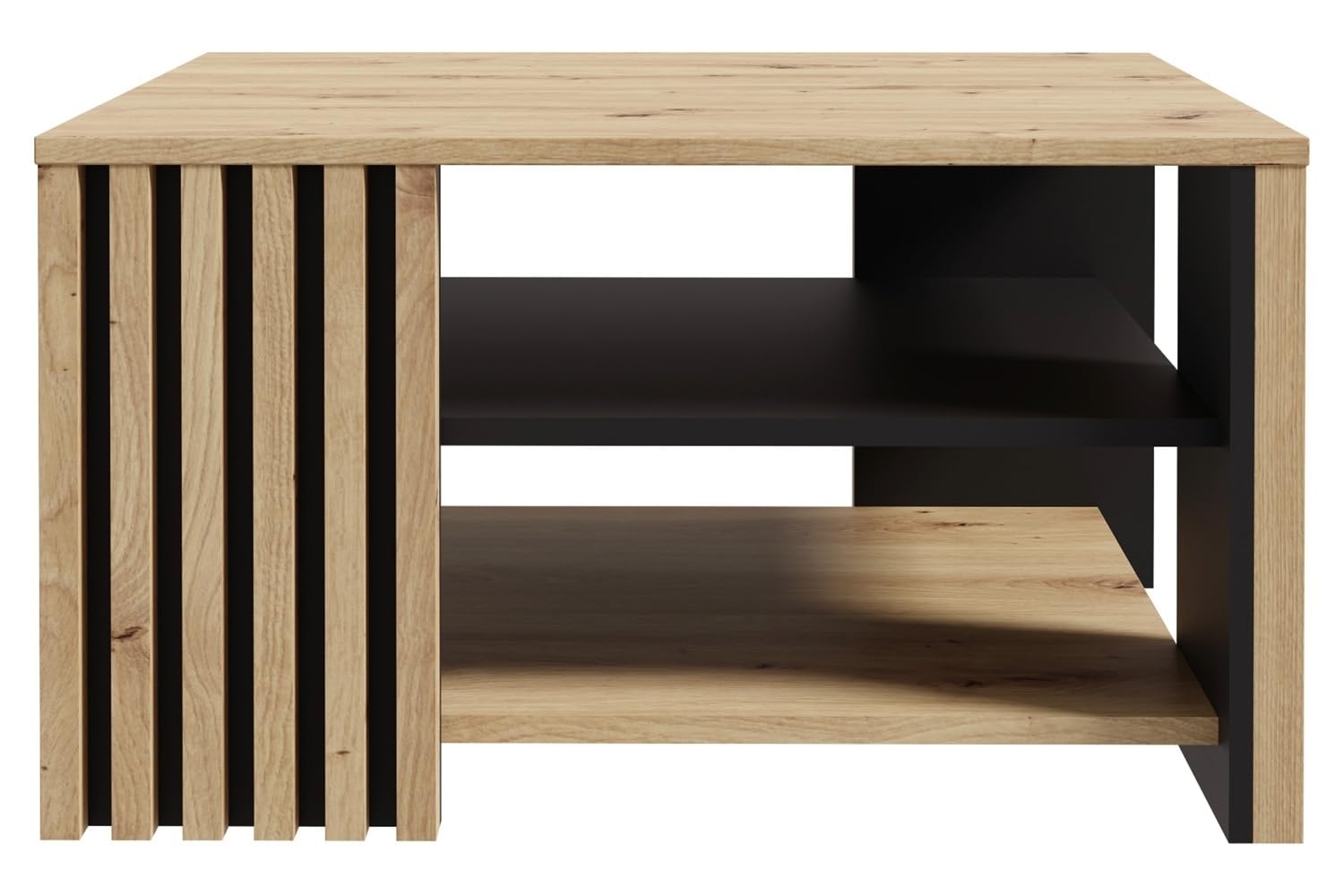 Forte Cardigan Couchtisch 80, moderner Sofatisch mit Ablage und Lamellendesign, Wohnzimmer, Holzwerkstoff, Artisan Eiche Holzdekor, Schwarz, 80 cm breit x 45 cm hoch x 80 cm tief