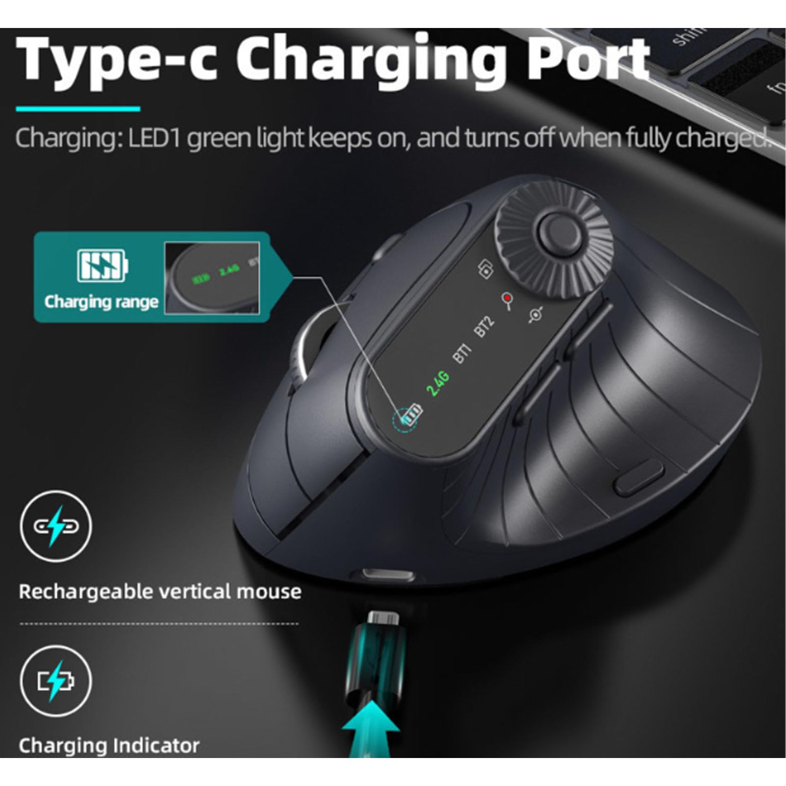 PUSOKEI Ergonomische Vertikale 2,4-G-Maus, Kabellose Wiederaufladbare Bluetooth-Maus mit Scrollrad und LED-Anzeige, 4 Einstellbare DPI, Leise Klicks für Laptop-Desktop-Computer