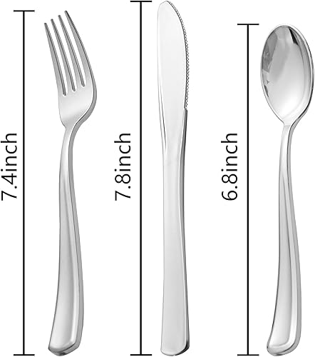 Miniatura 2 de Nervure Juego de 300 cubiertos de plástico plateado  Cubiertos desechables resistentes que incluyen 150 tenedores, 75 cuchillos, 75 cucharas,