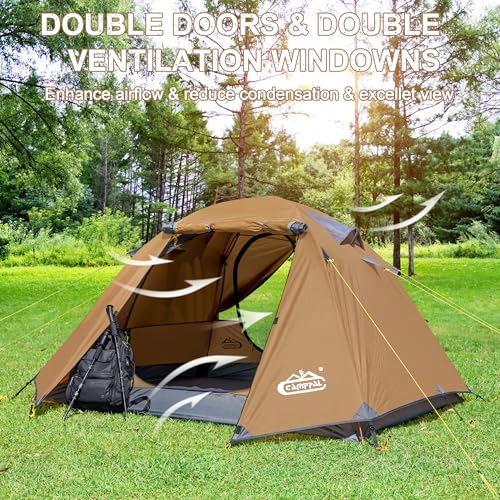 Image of 2-3 Person Backpacking Tent with Double Door 2 Vestibule, Waterproof Windproof Lightweight Easy Set Up 3 Season 2 Man Two Person Tent for Camping, Hiking, Motorcycle, Mountaineering with UPF 50+