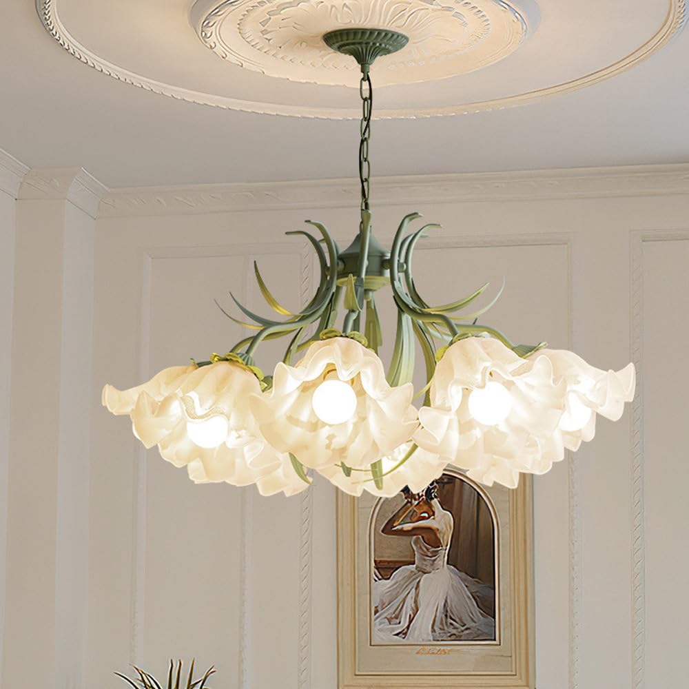Lustre Spoutnik 5 lumières en verre blanc laiteux et style floral vert