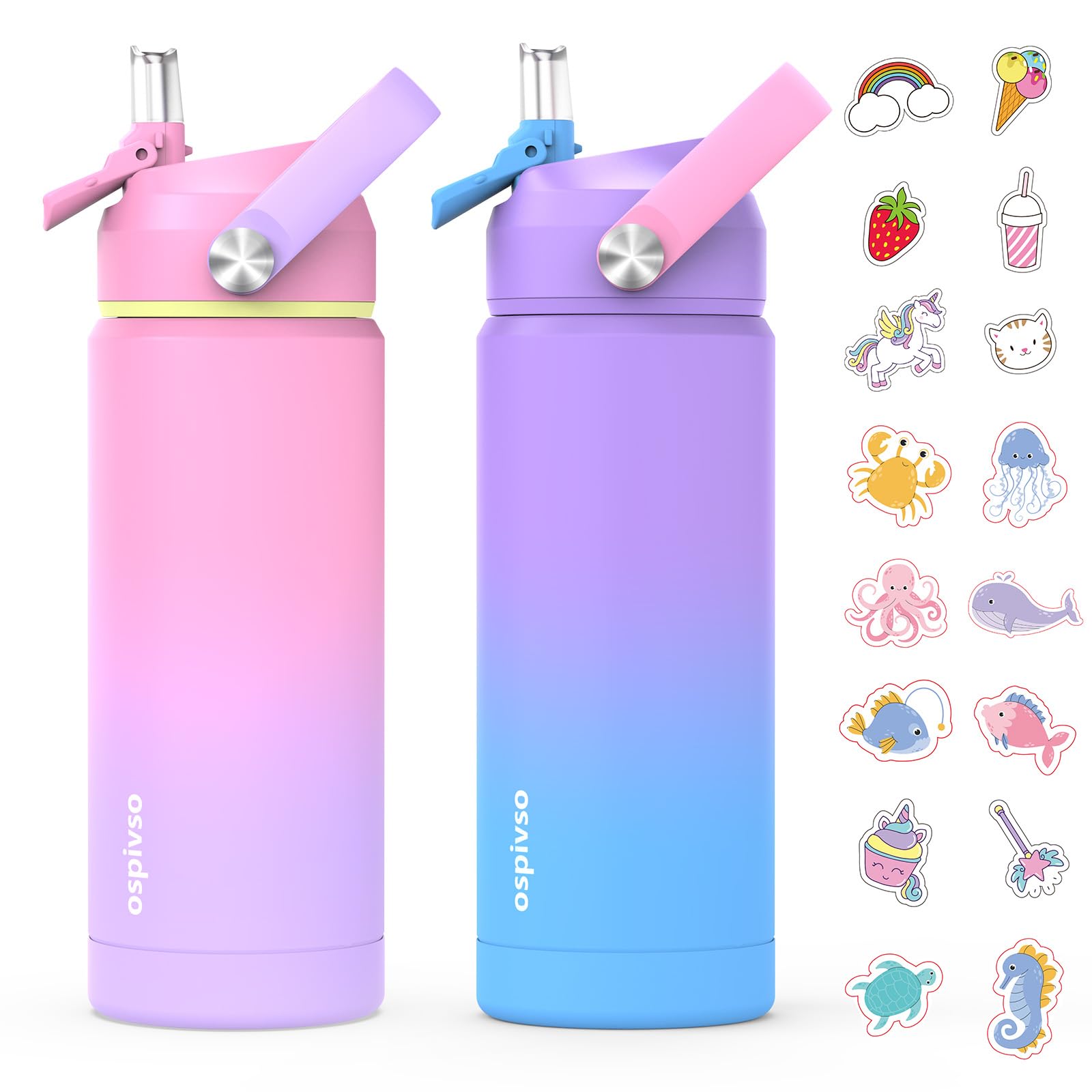 Kids Water Bottle for School,Girls 18 oz Insulated Stainless Steel Cup with Straw, Double-Wall Vacuum Leakproof(2Pcs,Pink+Purple)