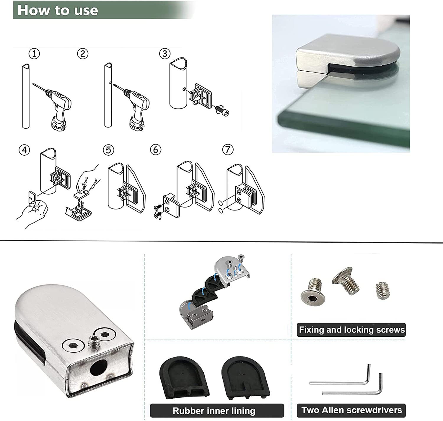 Rieort Estante de Vidrio 12 Uds Abrazaderas de Vidrio de Acero Inoxidable 304 Soporte de Vidrio Clips de Vidrio Ajustables 10~12mm para barandilla escaleras Abrazadera de Estante de Vidrio confiable