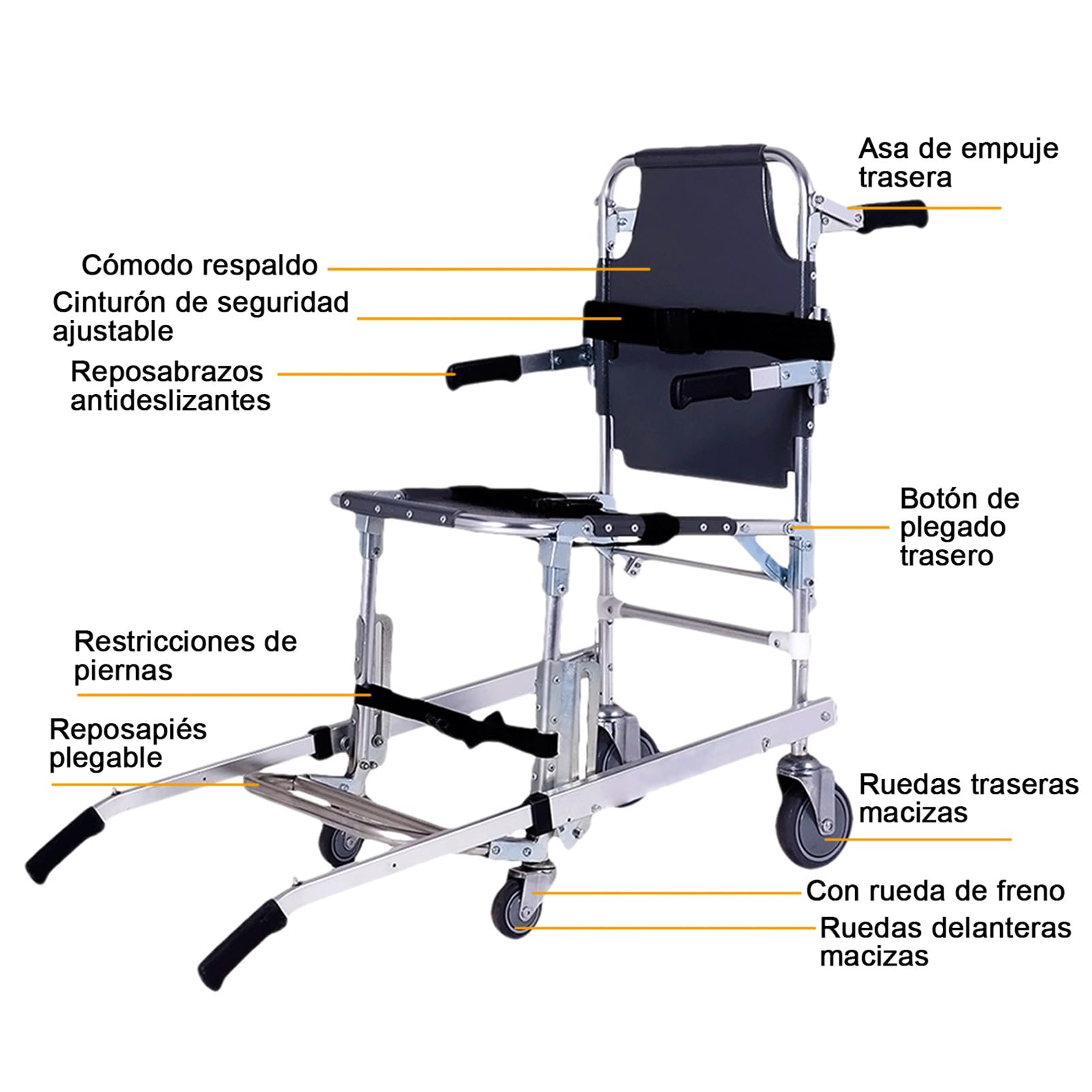 4 Ruedas EMS Silla de Escalera Silla para Escaleras Silla de Ambulancia de Emergencia Plegable Capacidad de Carga 159kg evacuación de Emergencia con Hebillas de Liberación Rápida