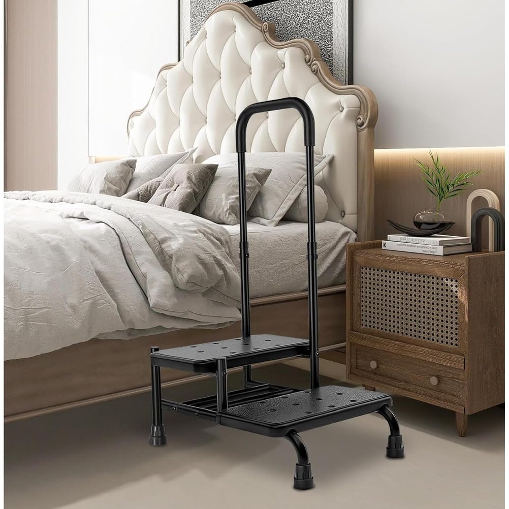 Taburete ajustable con pasamanos y plataforma antideslizante para mayor seguridad en dormitorio, cocina y baño