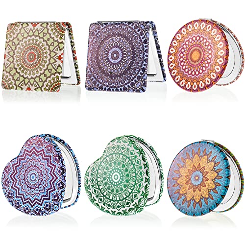 Yalikop Mandala Design Pocket Mirror Mini Travel Makeup Purse Compact Accessories Beauty Magnifying Double Sides Pocket Mirror Portable Handheld Folding PU Leather Supply for Women(6 Pieces)