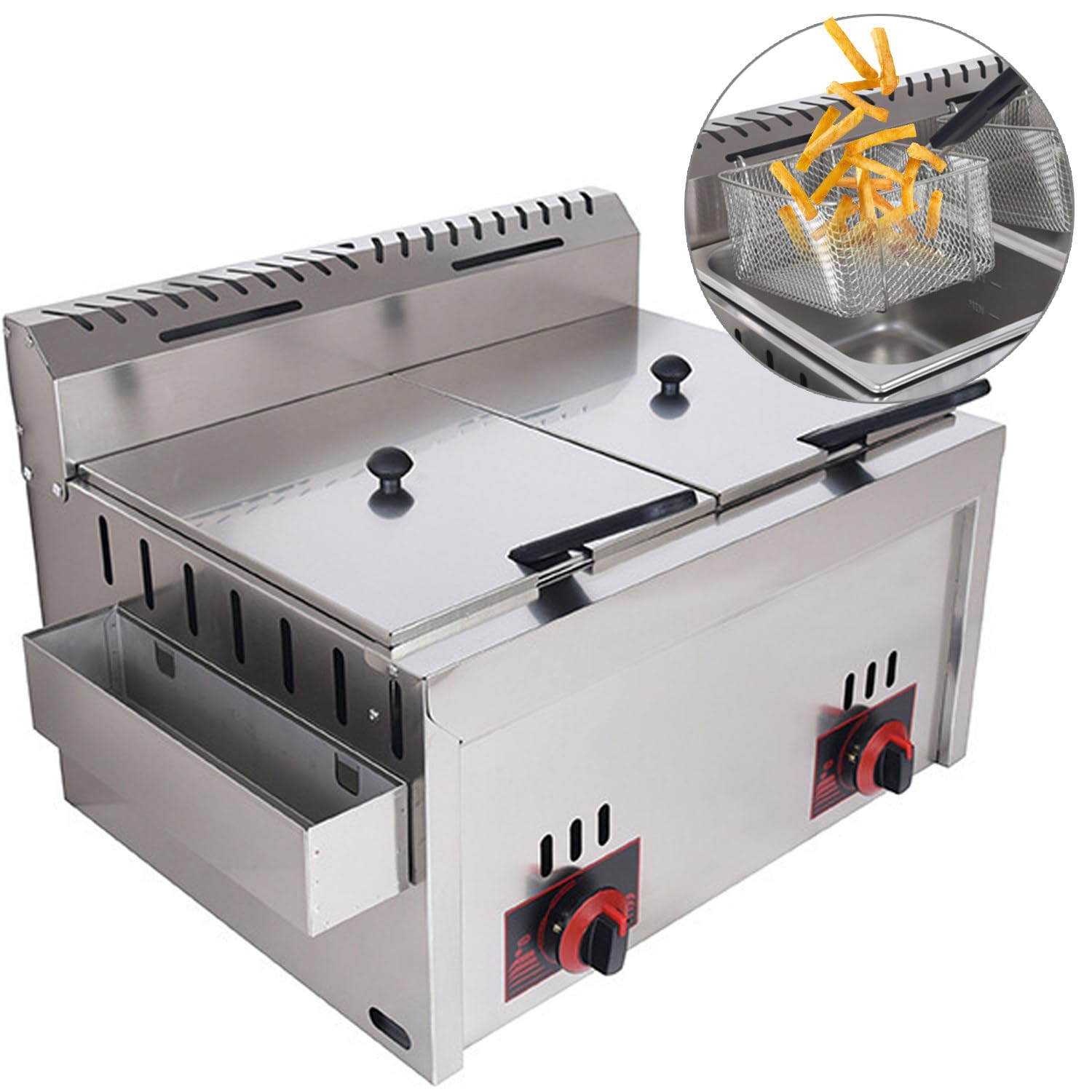 Freidora gas, freidora de gas profesional de acero inoxidable comercial | con cuchara de cesta para encimera de restaurante comercial Máquina para cocinar alimentos