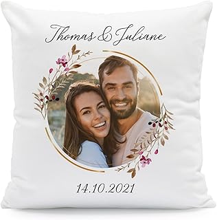 GRAVURZEILE Bedrucktes Kissen mit Foto - Floral Kreis - Personalisiert mit Foto, Namen & Datum - Persönliches Geschenk für Paare zum Valentinstag Geburtstag oder Hochzeit - Größe mit Füllung