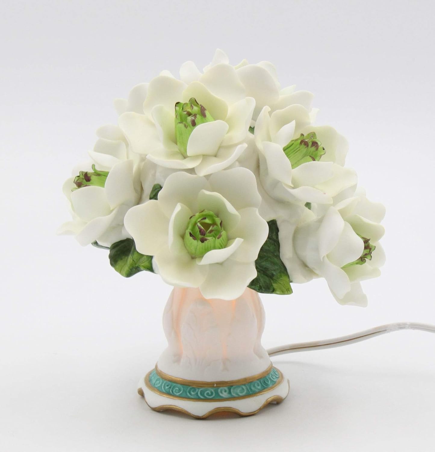 Cosmos Gifts Fine Elegant Porcelain Lighted Magnolia Flowers Topiary Nightlight Figurine, 7" H