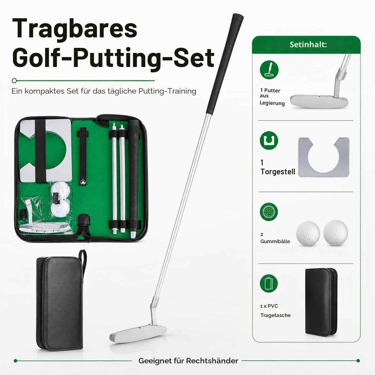 Putter Golf, Golfschläger, Golf Büro Set, mit Alu-Putter, Torständer aus Holz, Gummibällen und PVC-Tragetasche, für Indoor oder Outdoor Golftraining
