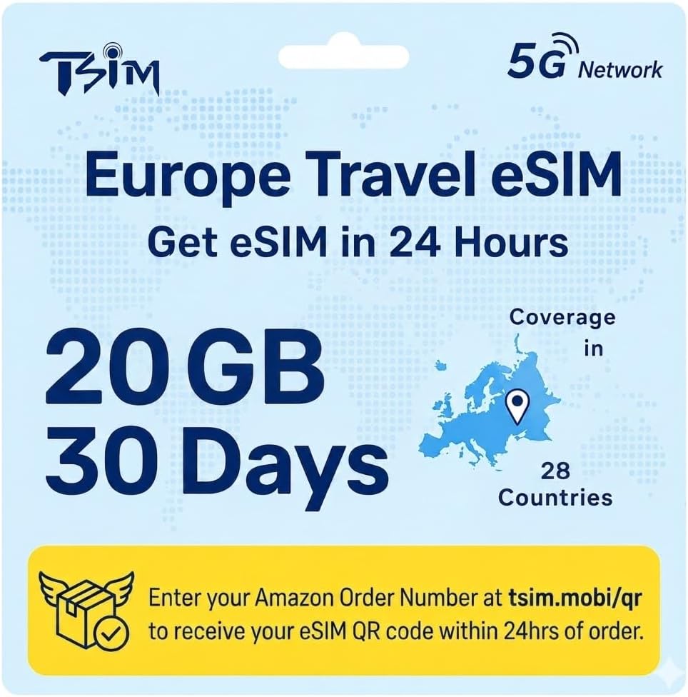 TSIM Europe eSIM 30 Day 20GB High Speed Data | eSIM Available in 24 Hours | Good Reception | High Coverage | 5G Data + Hotspot | Works in 28 Countries.