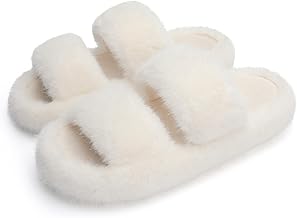 Chantomoo Women's Slippers Memory Foam Slippers for Women Fuzzy Comfy Faux Fur House Furry Indoor Open Two Bands Gift Slippers