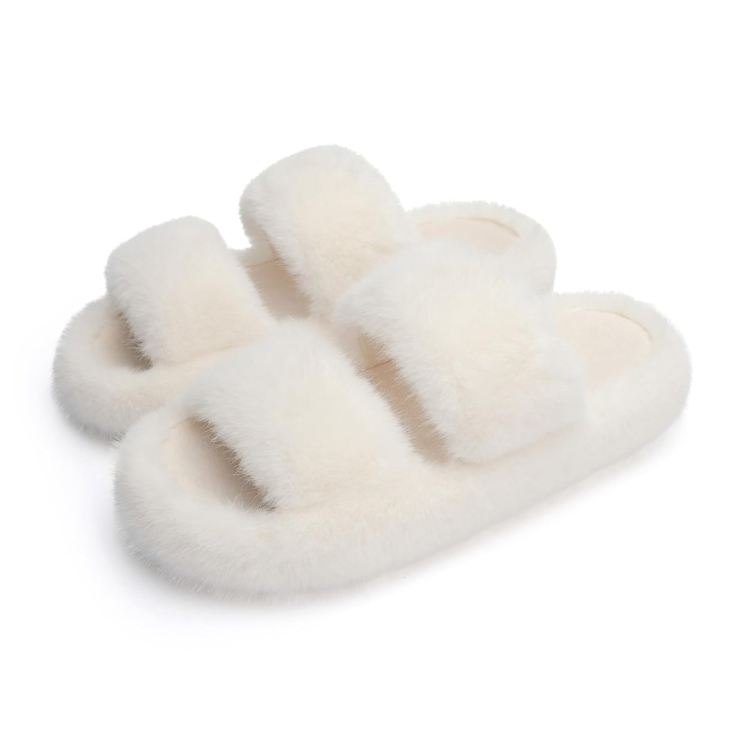 Chantomoo Womens Slippers Memory Foam Slippers for Women Fuzzy Comfy Faux Fur House Furry Indoor Open Two Bands