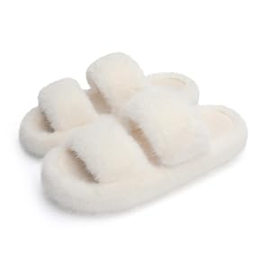Chantomoo Womens Slippers Memory Foam Slippers for Women Fuzzy Comfy Faux Fur House Furry Indoor Open Two Bands